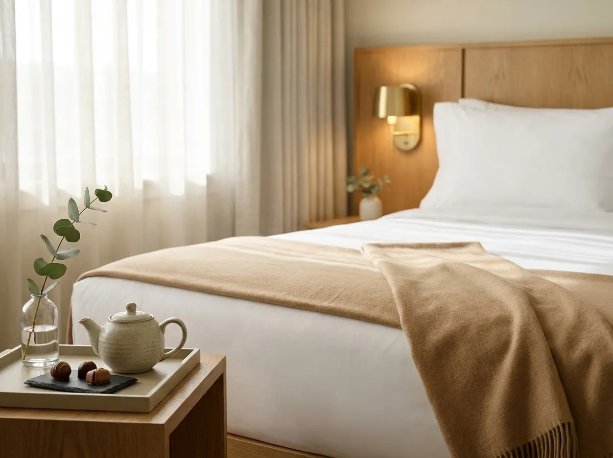 Warmly lit boutique hotel guest room with linen bedding and harbour view
